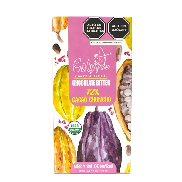 CHOCOLATE BITTER 72% CACAO CHUNCHO NIBS Y SAL DE MARAS CALYPSO 50GR