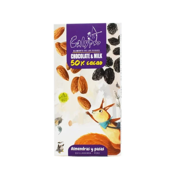 CHOCOLATE MILK 50% CACAO ALMENDRA Y PASAS CALYPSO 50GR