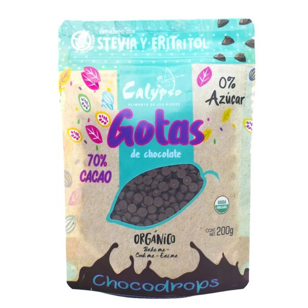 GOTAS DE CHOCOLATE 70% CACAO ENDULZADO CON STEVIA Y ERITRITOL CALYPSO 200GR