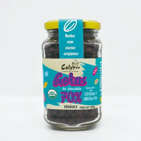 GOTAS DE CHOCOLATE 70% CACAO ENDULZADO CON STEVIA Y ERITRITOL EN POMO 250GR