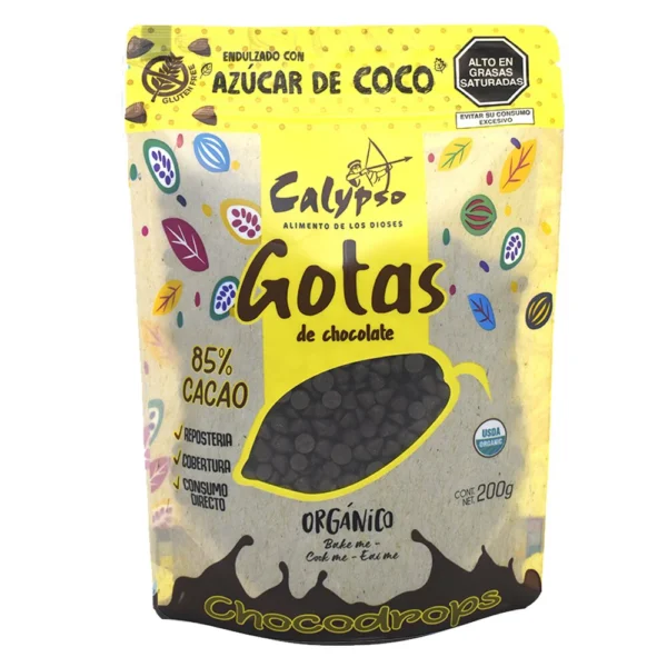 GOTAS DE CHOCOLATE 85% CACAO ENDULZADO CON AZUCAR DE COCO CALYPSO 200GR